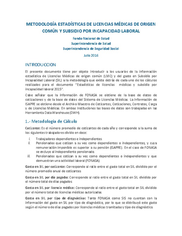 Metodología estadísticas de licencias médicas de origen común y subsidio por incapacidad laboral 2015