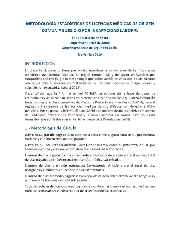 Metodología estadísticas de licencias médicas de origen común y subsidio por incapacidad laboral 2018