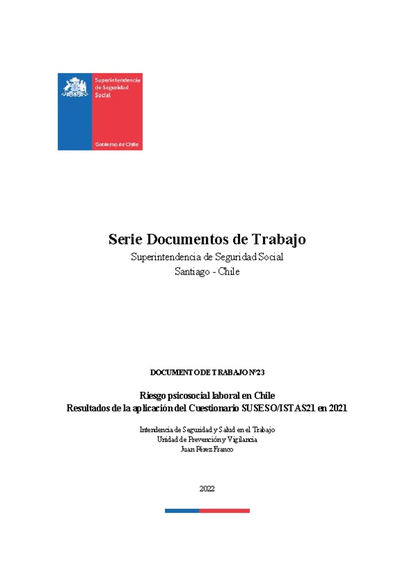 Documento 23: Riesgo psicosocial laboral en Chile. Resultados de la aplicación del Cuestionario SUSESO/ISTAS21 en 2021.