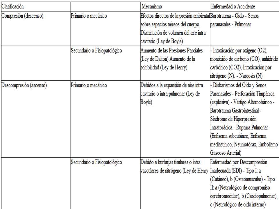 Clasificación y mecanismo de las principales patologías que pueden ser producidas por el buceo