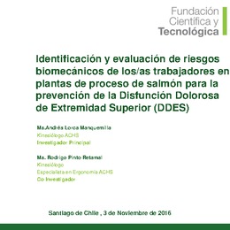 Identificación y evaluación de riesgos biomecánicos de los trabajadores en plantas de proceso de salmón para la prevención de la disfunción dolorosa de extremidad superior. Andrés Lorca (ACHS)