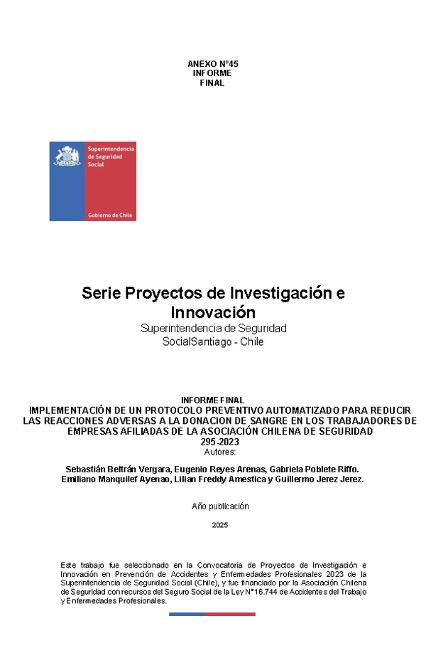 Implementación de un protocolo preventivo automatizado para reducir las reacciones adversas a la donación de sangre en los trabajadores de empresas afiliadas de la asociación chilena de seguridad